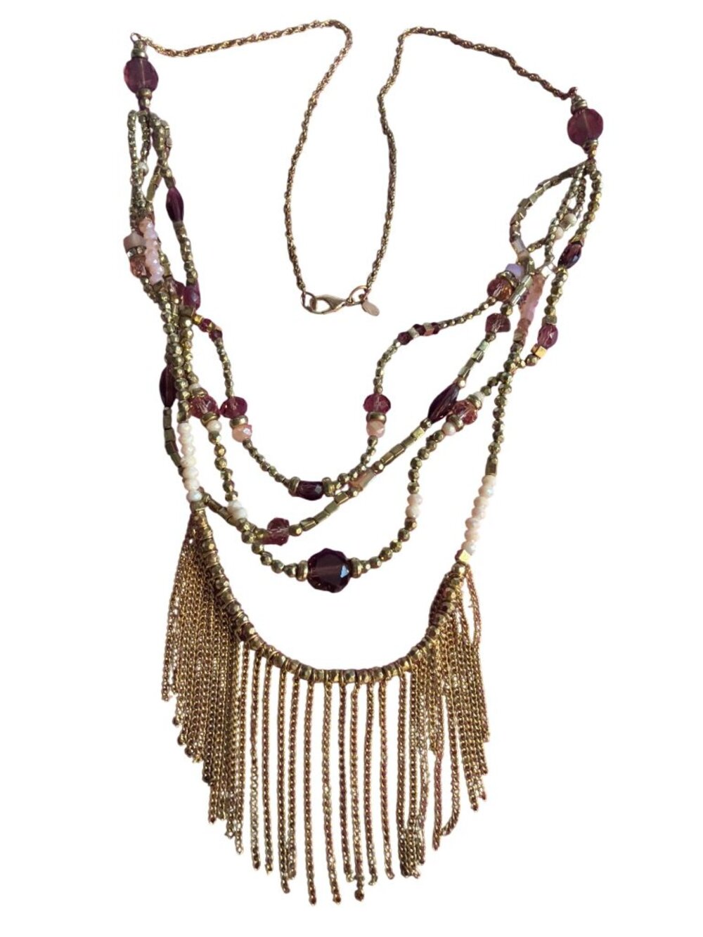Loft Layered Gold Tone Fringe Bead Statement Necklace Layered Glass Beads 31"